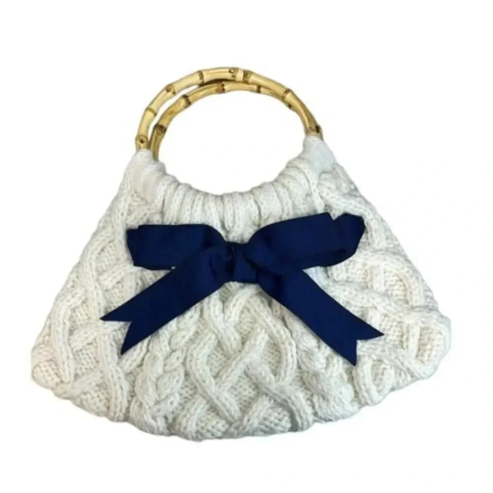 Chunky Hand Knit Cream with Navy Bow Coquette Girl Style Top Handle Handbag